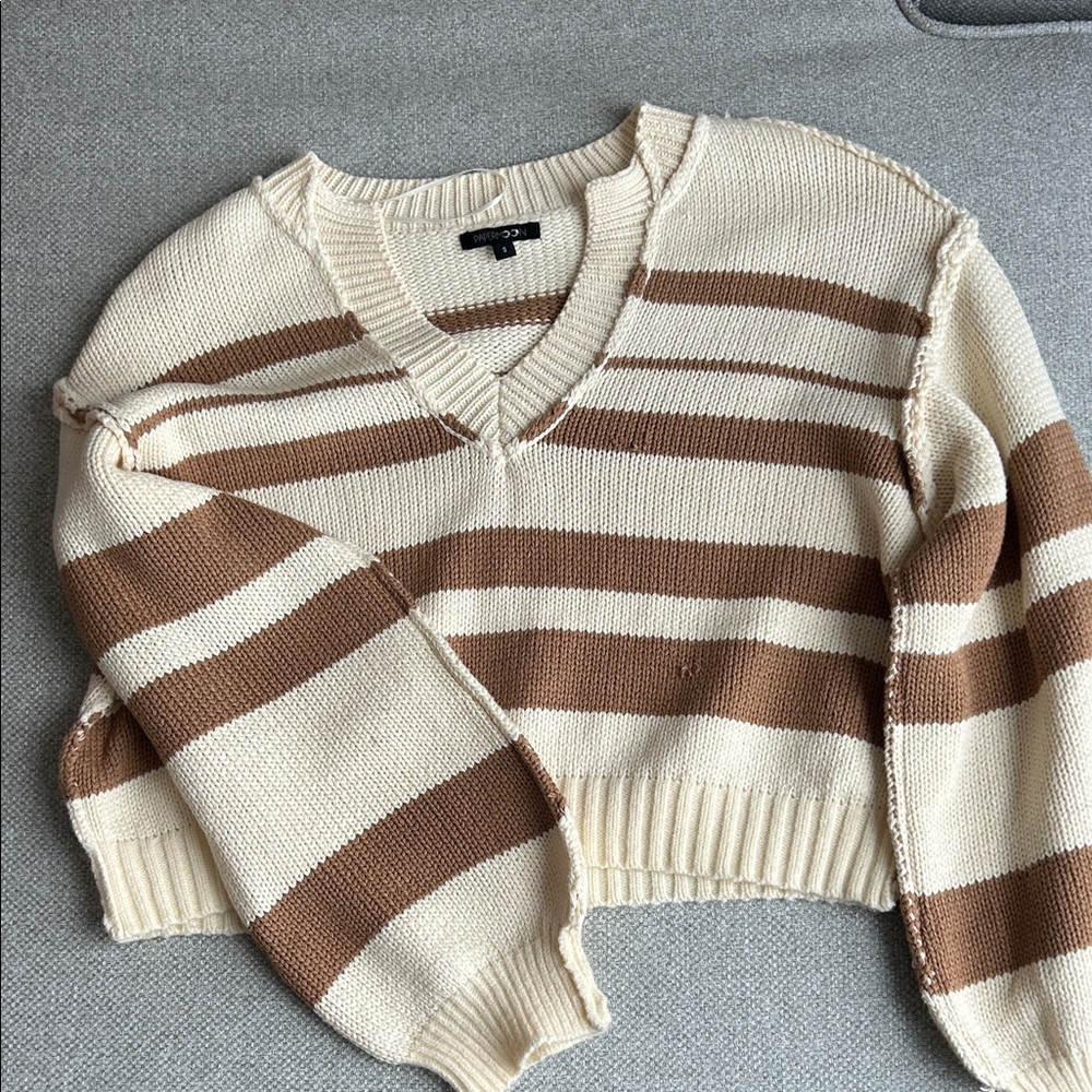 Papermoon Cream and Brown V-Neck Sweater